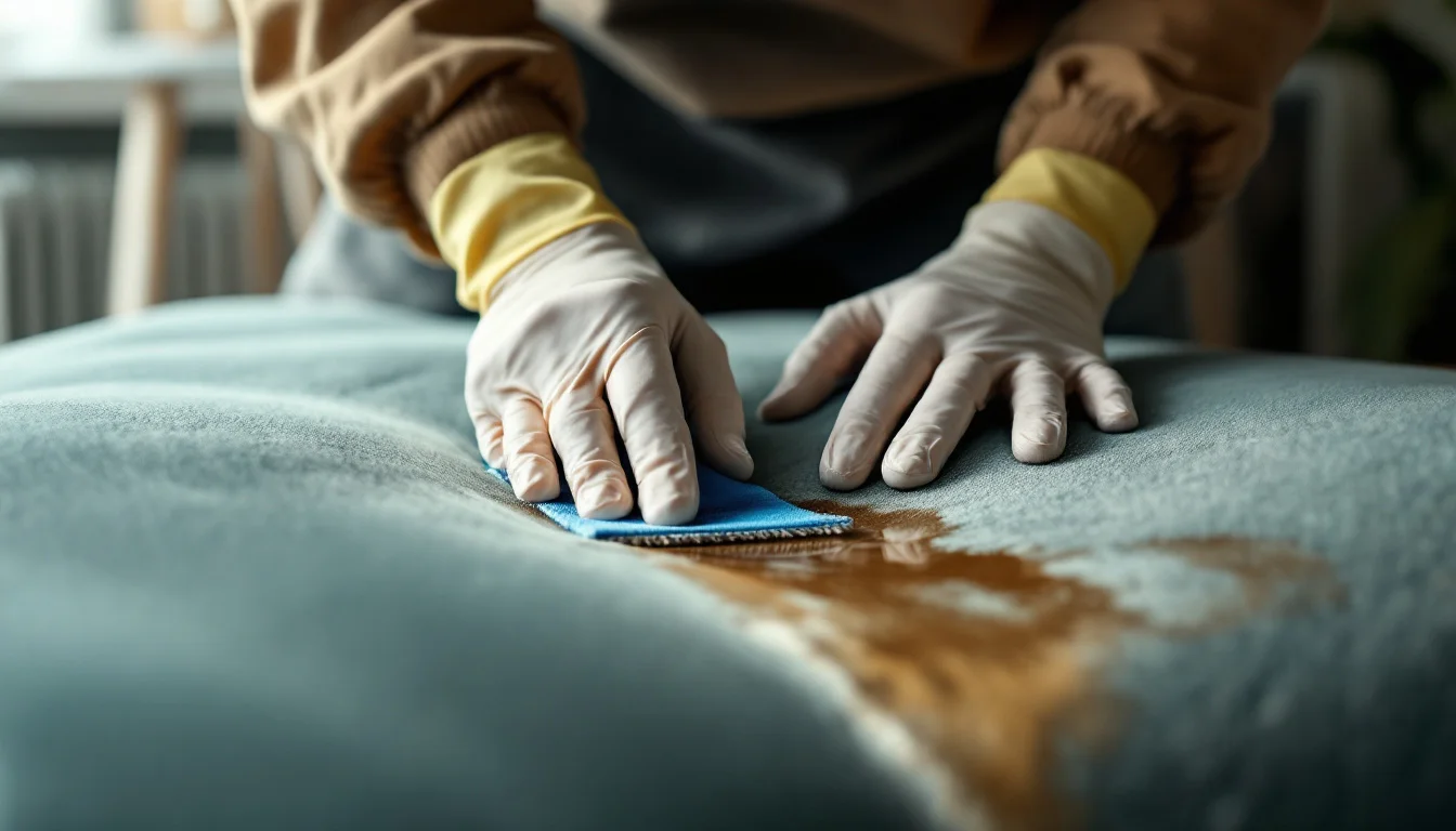 Best Carpet Cleaning In Brighton — Technician performing upholstery cleaning on a stylish sofa in a contemporary Br