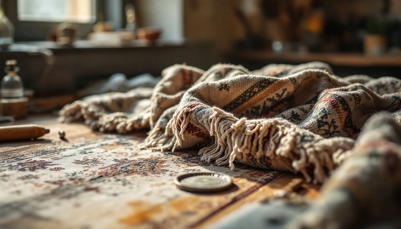 Rug Cleaning Services In Hove — Close-up of a technician inspecting the fibres of a patterned rug before cleanin Rug Cleaning Services In Hove — Close-up of a technician inspecting the fibres of a patterned rug before cleanin