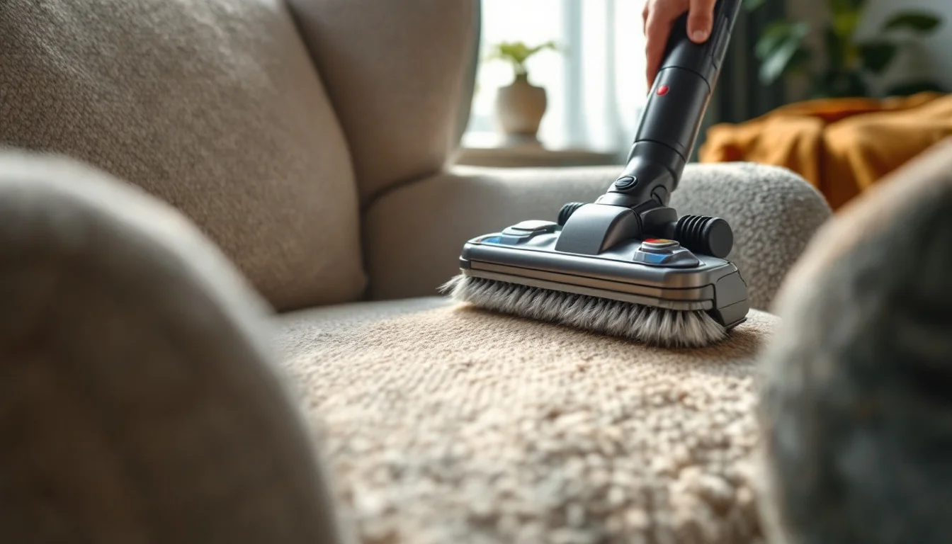 How To Maintain Upholstery In Brighton — Brighton resident vacuuming a patterned fabric armchair with a brush attachment, How To Maintain Upholstery In Brighton — Brighton resident vacuuming a patterned fabric armchair with a brush attachment,
