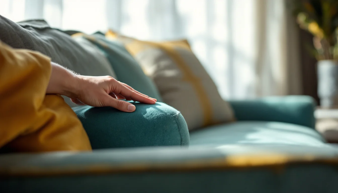 How To Maintain Upholstery In Brighton — City Carpet Cleaning professional applying fabric protector to a colourful sofa How To Maintain Upholstery In Brighton — City Carpet Cleaning professional applying fabric protector to a colourful sofa